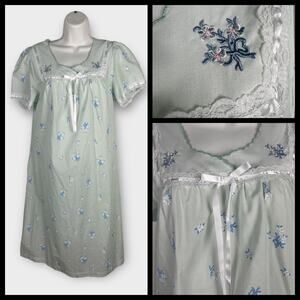 Vintage Blue Green National Cotton Embroidered Nightgown House Dress Small